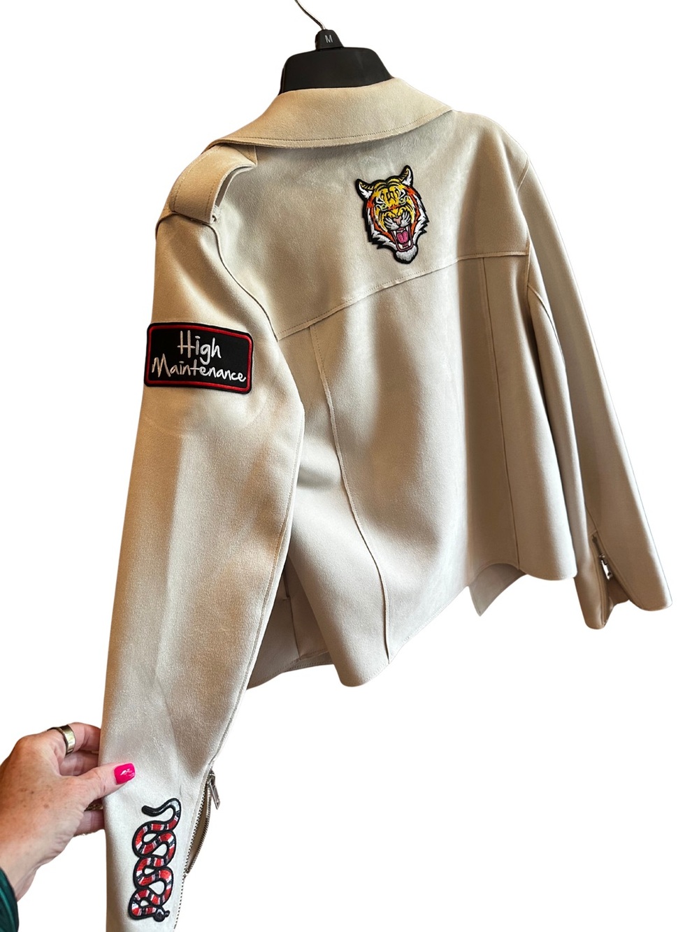 H&M Size 4 Bone Beige Soft Moto Jacket High Maintenance Tiger Snake Patches